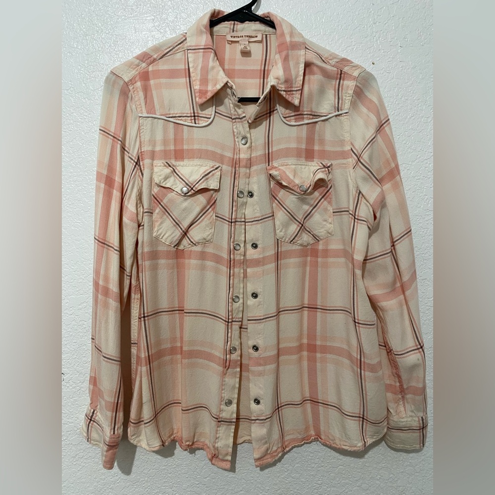 Threads Pearl Snap Western Shirt Women’s S
 Peach Plaid Lightweight Button Up